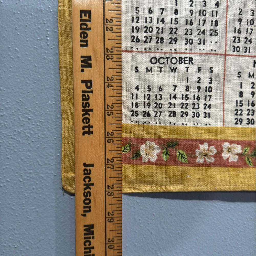 Vintage 1970 Linen Calendar Tea Towel Covered Bridge Floral Wall Hanging 16x28
